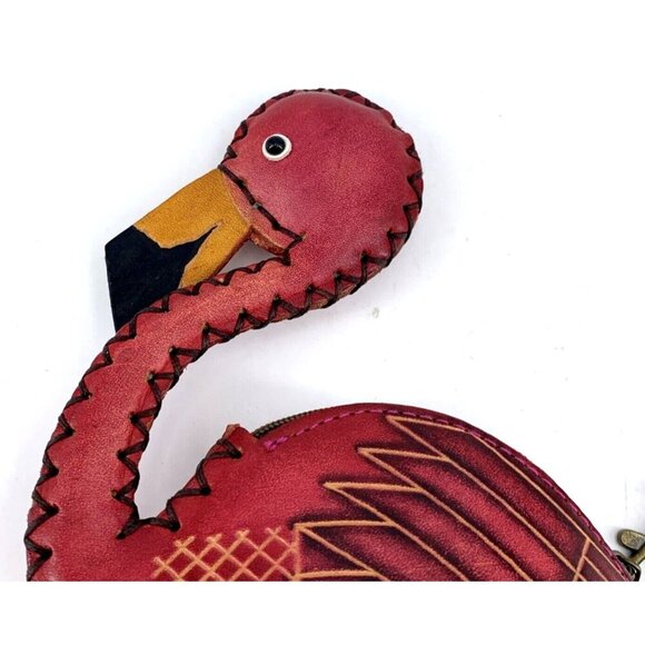 Flamingo Wristlet Leather Purse Figural Hand Crafted Tooled Overstitched 5 x 5" - Picture 6 of 11